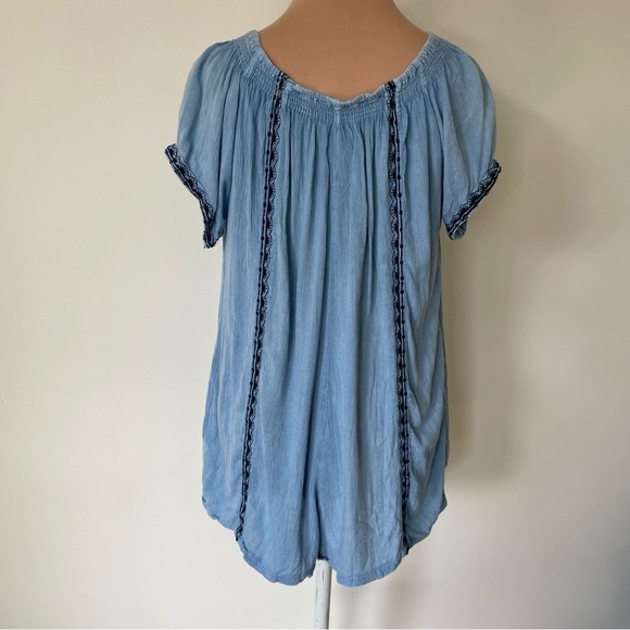 Muche et Muchette Blue Rayon Embroidered Short Sleeve Tie Neck Romper One Size - Picture 4 of 12